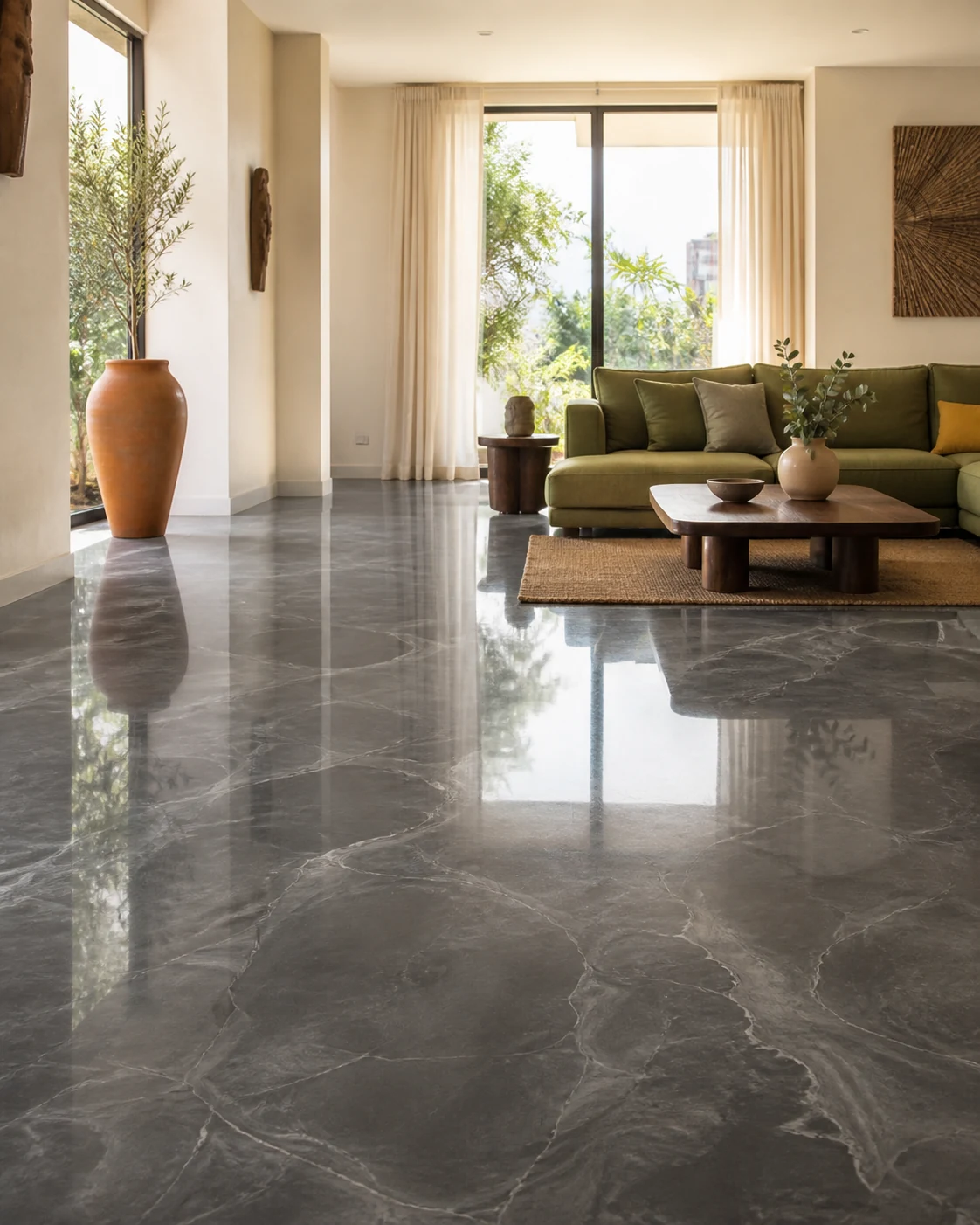 Bright contemporary living room with a polished graphite marble epoxy floor
